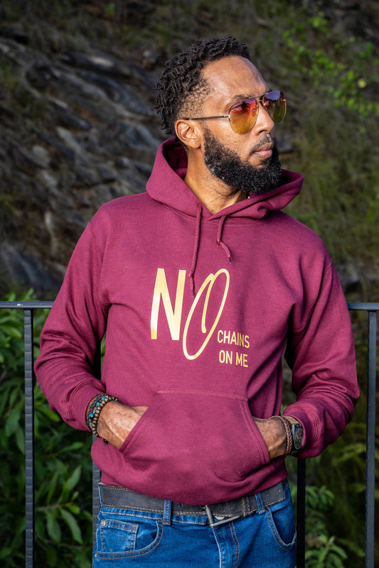 NO CHAINS ON ME HOODIE Maroon with Gold Print