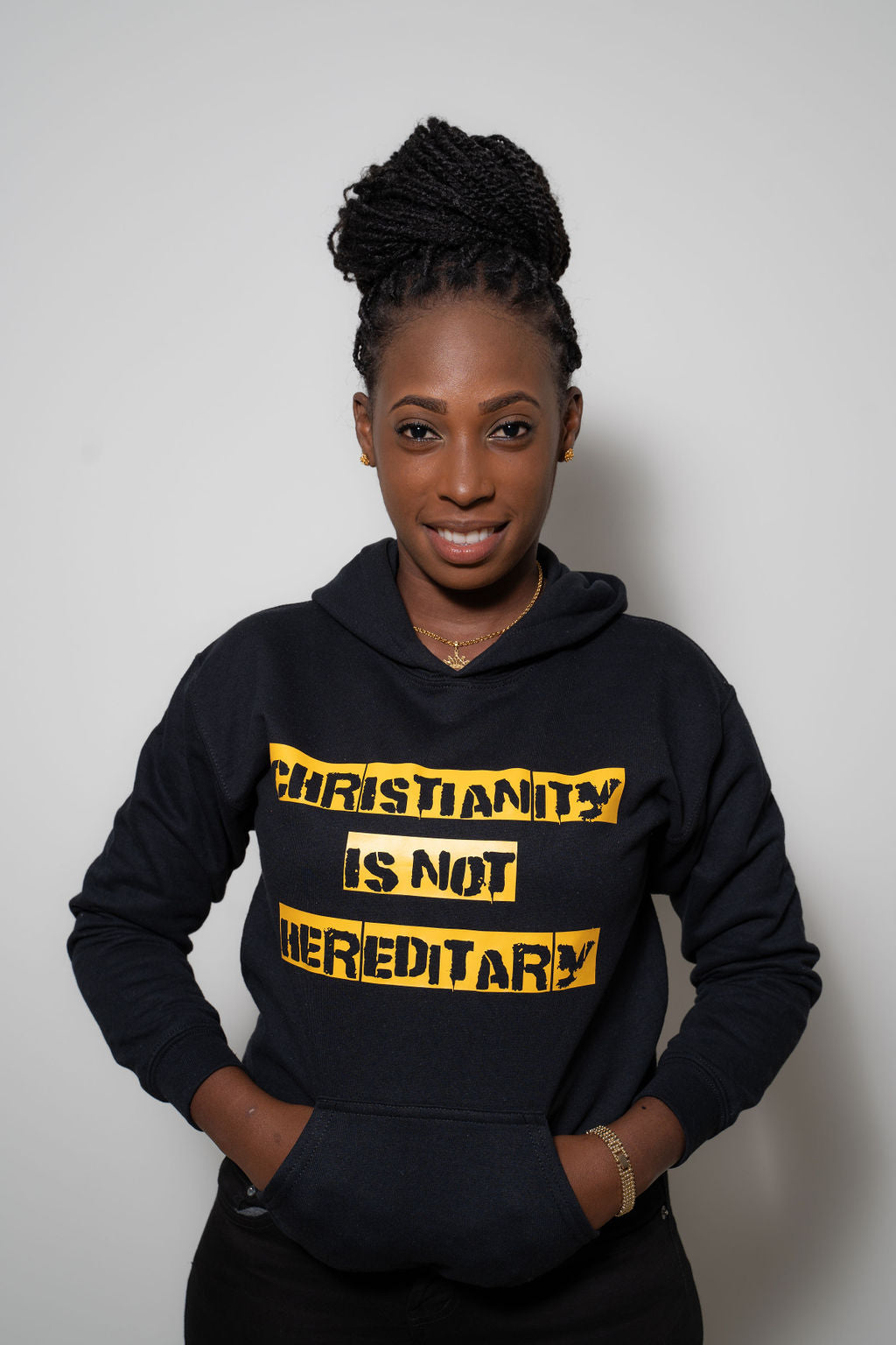 CHRISTIANITY IS NOT HEREDITARY HOODIE Black and Yellow