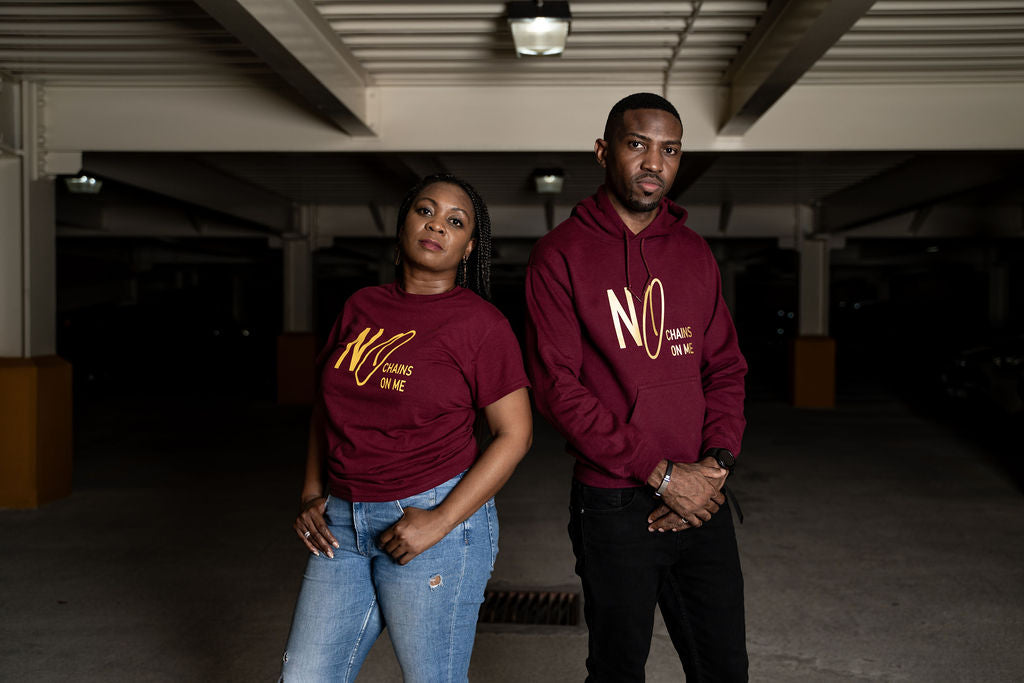 NO CHAINS ON ME Maroon t-shirt with Gold Print